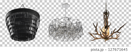 chandelier on the ceiling isolated on transparent background, hanging lamp, pendant light, 3D illustration, cg render 127671645