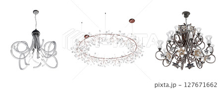 chandelier on the ceiling isolated on transparent background, hanging lamp, pendant light, 3D illustration, cg render 127671662