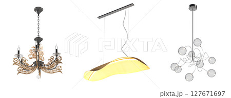 chandelier on the ceiling isolated on transparent background, hanging lamp, pendant light, 3D illustration, cg render chandelier on the ceiling isolated on transparent background, hanging lamp, pendant light, 3D illustration, cg render 127671697