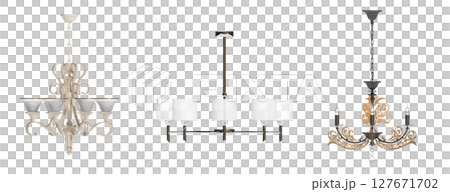 chandelier on the ceiling isolated on transparent background, hanging lamp, pendant light, 3D illustration, cg render 127671702