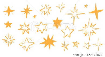 Pastel hand drawn stars with crayon and chalk texture. Cute sketch icon pattern with pencil lines and marker strokes. Vector twinkle sparkle elements like magic fireworks or comet shapes. Pastel hand drawn stars with crayon and chalk texture. Cute sketch icon pattern with pencil lines and marker strokes. Vector twinkle sparkle elements like magic fireworks or comet shapes. 127671822