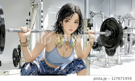 バーベルで重量挙げトレーニングする女性のイラスト素材 127671959