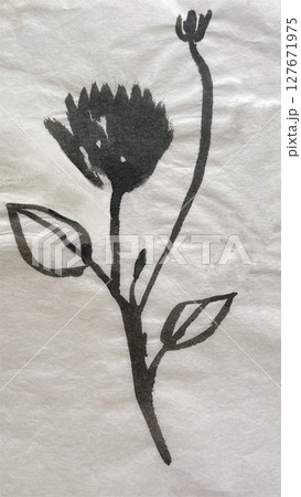 和紙に描いた花、墨で描いた花の絵、花の水墨画 127671975