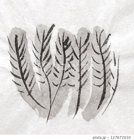 風に揺れる草、墨で描いた草葉、墨絵の筆跡ドローイング、和紙のテクスチャ背景素材 127672010