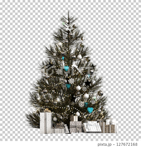 Christmas tree with decorations, isolate on a transparent background, 3d illustration, cg render 127672168