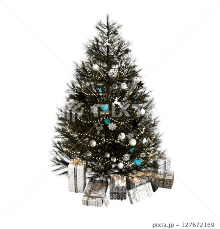 Christmas tree with decorations, isolate on a transparent background, 3d illustration, cg render 127672169