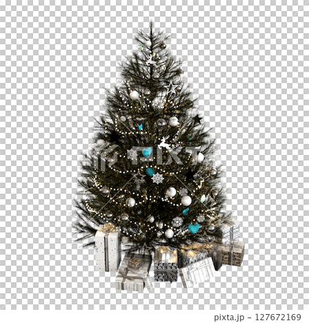 Christmas tree with decorations, isolate on a transparent background, 3d illustration, cg render 127672169
