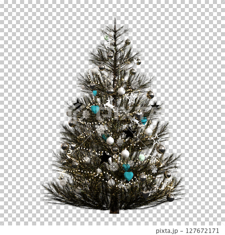 Christmas tree with decorations, isolate on a transparent background, 3d illustration, cg render Christmas tree with decorations, isolate on a transparent background, 3d illustration, cg render 127672171