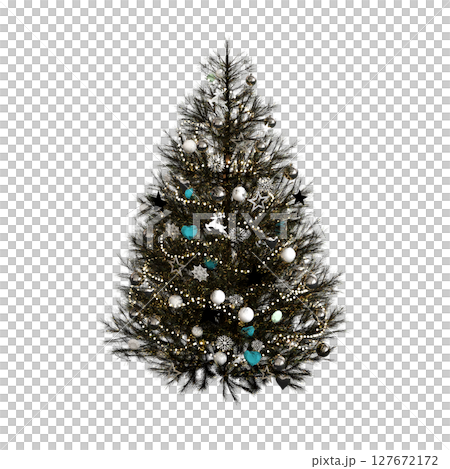 Christmas tree with decorations, isolate on a transparent background, 3d illustration, cg render 127672172
