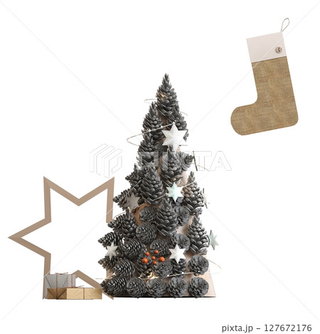 Christmas tree with decorations, isolate on a transparent background, 3d illustration, cg render 127672176