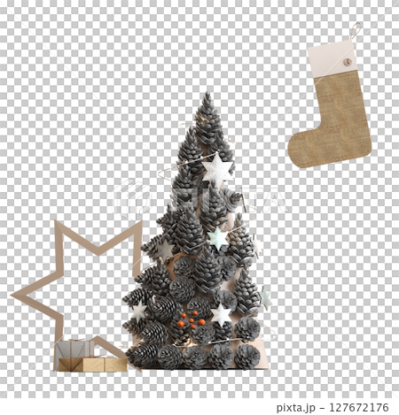 Christmas tree with decorations, isolate on a transparent background, 3d illustration, cg render Christmas tree with decorations, isolate on a transparent background, 3d illustration, cg render 127672176