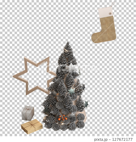 Christmas tree with decorations, isolate on a transparent background, 3d illustration, cg render 127672177