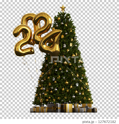 Christmas tree with decorations, isolate on a transparent background, 3d illustration, cg render 127672182