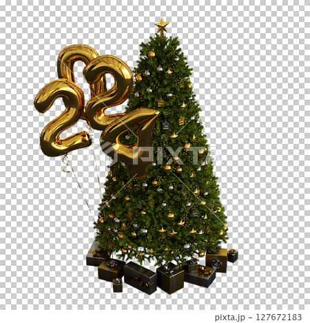 Christmas tree with decorations, isolate on a transparent background, 3d illustration, cg render Christmas tree with decorations, isolate on a transparent background, 3d illustration, cg render 127672183