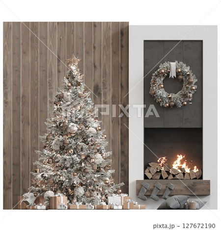 Christmas tree with decorations, isolate on a transparent background, 3d illustration, cg render 127672190