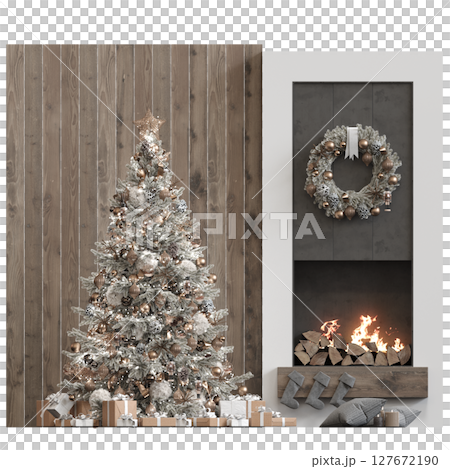 Christmas tree with decorations, isolate on a transparent background, 3d illustration, cg render 127672190