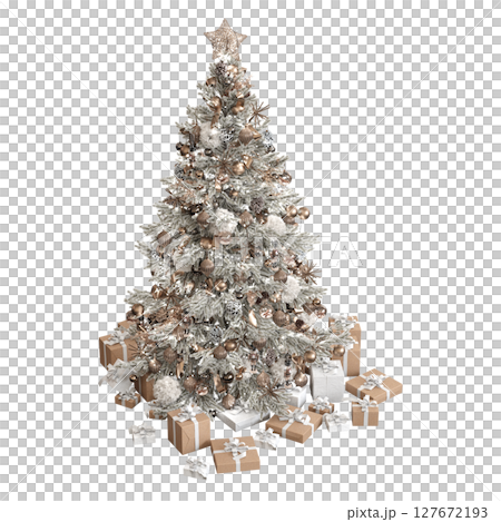 Christmas tree with decorations, isolate on a transparent background, 3d illustration, cg render 127672193