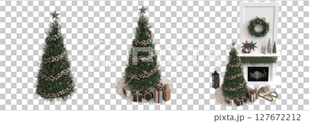 Christmas tree with decorations, isolate on a transparent background, 3d illustration, cg render Christmas tree with decorations, isolate on a transparent background, 3d illustration, cg render 127672212