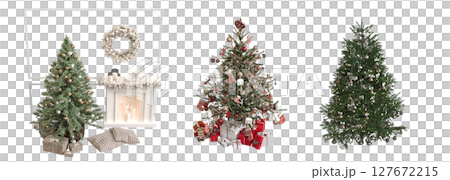 Christmas tree with decorations, isolate on a transparent background, 3d illustration, cg render 127672215