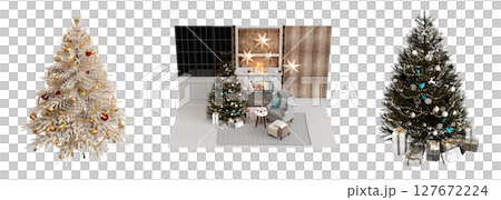 Christmas tree with decorations, isolate on a transparent background, 3d illustration, cg render 127672224