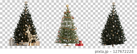 Christmas tree with decorations, isolate on a transparent background, 3d illustration, cg render Christmas tree with decorations, isolate on a transparent background, 3d illustration, cg render 127672228