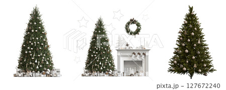 Christmas tree with decorations, isolate on a transparent background, 3d illustration, cg render Christmas tree with decorations, isolate on a transparent background, 3d illustration, cg render 127672240
