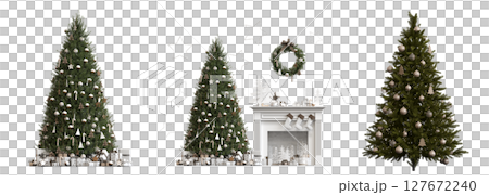 Christmas tree with decorations, isolate on a transparent background, 3d illustration, cg render Christmas tree with decorations, isolate on a transparent background, 3d illustration, cg render 127672240