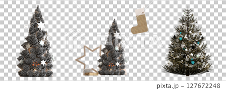Christmas tree with decorations, isolate on a transparent background, 3d illustration, cg render 127672248