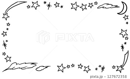 星と月の手描き風白黒フレーム　黒線画 127672358