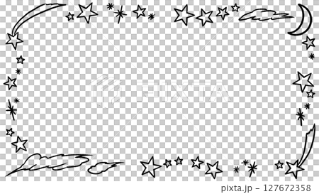 星と月の手描き風白黒フレーム　黒線画 127672358