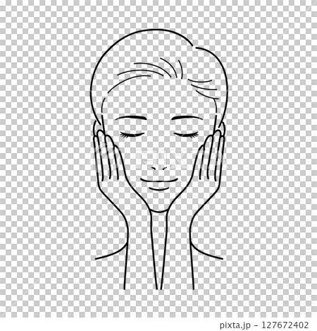 A woman with short hair doing skin care, with both hands on her cheeks 127672402