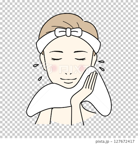 A woman with short hair doing skin care, washing her face A woman with short hair doing skin care, washing her face 127672417