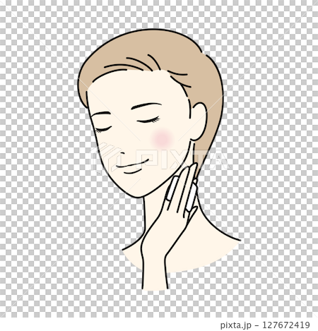 A woman with short hair doing skin care A woman with short hair doing skin care 127672419