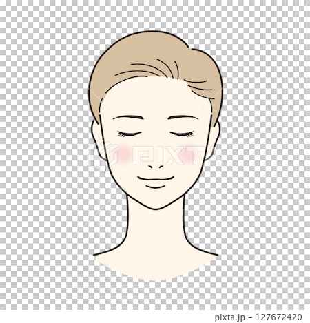 A woman with short hair doing skin care with her eyes closed A woman with short hair doing skin care with her eyes closed 127672420