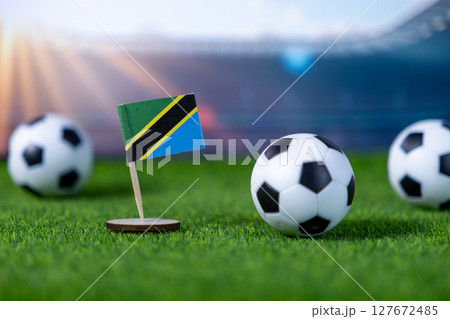 Tanzania flag stands on green grass among soccer balls, symbolizing national participation in global football events and championship competition 127672485
