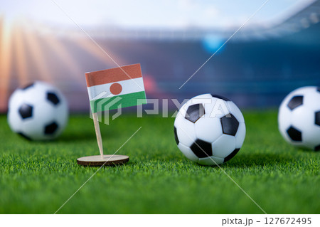 Niger flag proudly displayed on a vibrant green soccer pitch with multiple footballs, symbolizing national team presence and global athletic competition in a stadium setting Niger flag proudly displayed on a vibrant green soccer pitch with multiple footballs, symbolizing national team presence and global athletic competition in a stadium setting 127672495