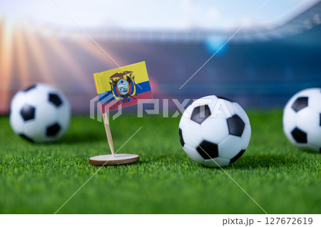 Ecuadorian national flag displayed on lush green artificial soccer field, with miniature footballs, symbolizing national pride and global sports passion Ecuadorian national flag displayed on lush green artificial soccer field, with miniature footballs, symbolizing national pride and global sports passion 127672619