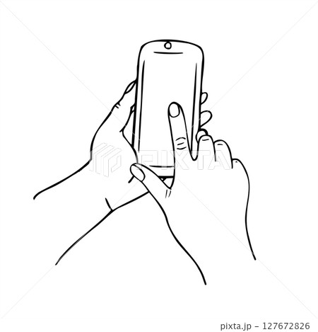 Hand holding smartphone with finger tapping the screen vector sketch illustration. Template with blank mobile phone icon for mobile app presentations, digital interaction concepts. Hand holding smartphone with finger tapping the screen vector sketch illustration. Template with blank mobile phone icon for mobile app presentations, digital interaction concepts. 127672826