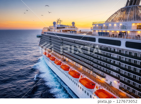 Large cruise ship sailing at sea in the sunset 127673052