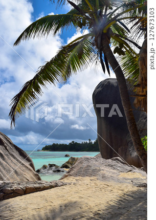 Anse Source D'Argent Beach in Seychelles, La Digue Island Anse Source D'Argent Beach in Seychelles, La Digue Island 127673103