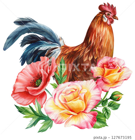Brown rooster with yellow and pink roses watercolor farm animal and floral composition for rustic country home decor poster 127673195