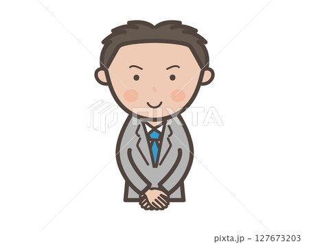 接客ポーズで出迎える若い男性ビジネスマンの上半身イラスト 127673203
