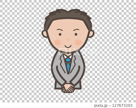 接客ポーズで出迎える若い男性ビジネスマンの上半身イラスト 127673203