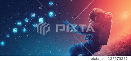 An astronaut reaches for glowing financial icons, all against a dark gradient background. themes of global finance and investment 127673231