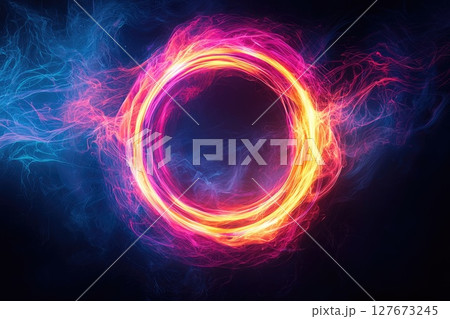 Illuminated Futuristic Neon Light Ring with Dynamic Light Trails on Dark Background Illuminated Futuristic Neon Light Ring with Dynamic Light Trails on Dark Background 127673245