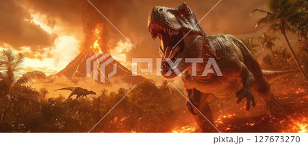 A T-Rex is walking through a forest with a volcano in the background A T-Rex is walking through a forest with a volcano in the background 127673270