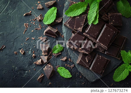 A plate of chocolate and mint leaves 127673274