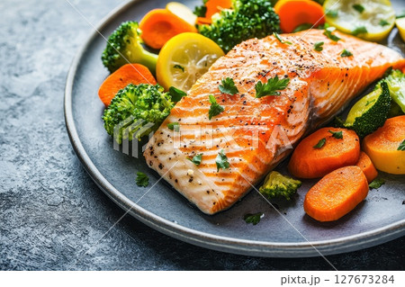 A plate of food with salmon, broccoli, carrots, and lemon slices 127673284