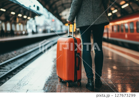 A woman is walking with a suitcase at a train station A woman is walking with a suitcase at a train station 127673299