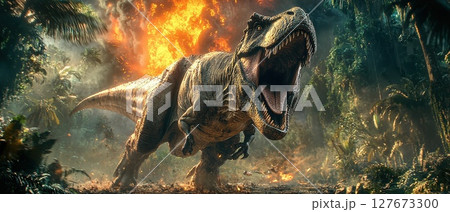 A T-Rex is shown in a fiery jungle, with its mouth open A T-Rex is shown in a fiery jungle, with its mouth open 127673300